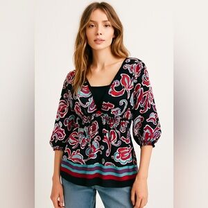 Style & Co Women’s Blouse Top Medium V-Neck Babydoll Multicolor Y2K‎ 90’s  Retro